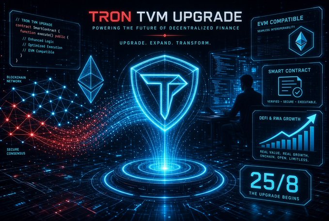 A digital promotional graphic titled "TRON TVM UPGRADE" with the subtitle "POWERING THE FUTURE OF DECENTRALIZED FINANCE". It features a glowing blue Tron logo and various text boxes highlighting features like "EVM COMPATIBLE", "SMART CONTRACT", "DEFI & RWA GROWTH", and a "25/8 THE UPGRADE BEGINS" countdown.