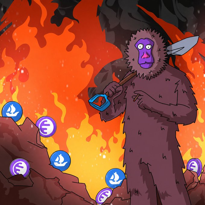 A cartoon illustration depicts a purple-faced Bigfoot-like creature holding a blue shovel amid flames, surrounded by blue and purple coins bearing sailboat and dollar sign symbols.