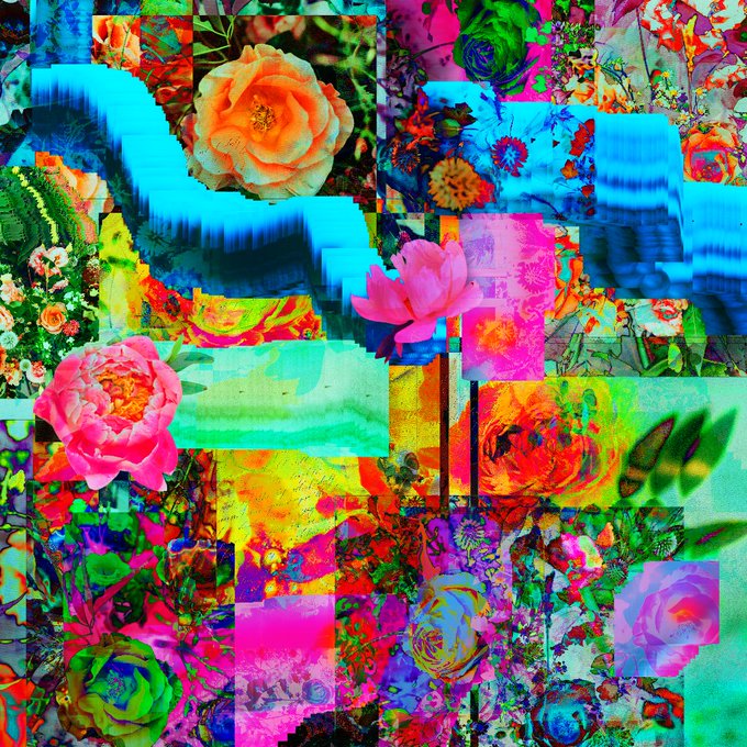 A vibrant, chaotic digital collage composed of grid-like tiles featuring various colorful flowers, including pink and orange roses and lotuses, overlaid with glitchy blue and green distortions.