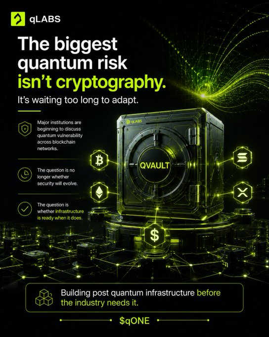The image shows a poster or flyer featuring a black armored safe against a black background, with green lighting surrounding it, giving it an futuristic appearance. The text at the top of the image reads "QOAUT" in white letters. Below this, there are bullet points discussing the biggest risk associated with Quantum Cryptography. These points seem to focus on how the industry is changing and how people should consider building their own post-quantum infrastructure before the industry needs it.