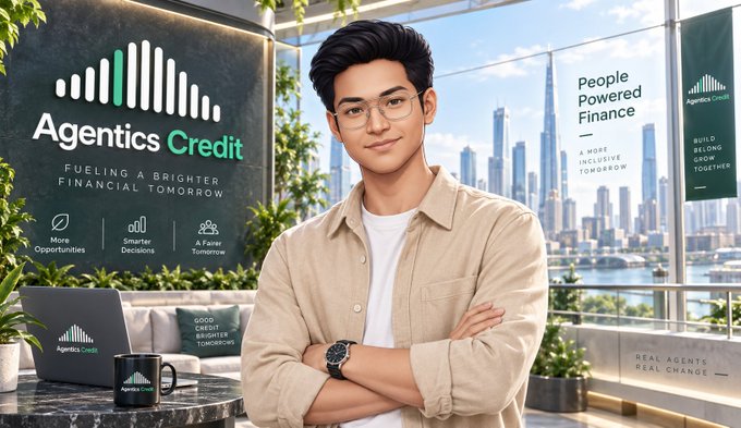 A man with glasses wearing a tan shirt stands with crossed arms next to Agentics Credit branded signage reading "Fueling a Brighter Financial Tomorrow" and "People Powered Finance," with a city skyline view behind him.