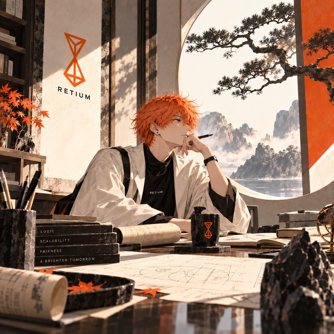 An anime-style illustration of a red-haired boy sitting at a desk with a pen, surrounded by books labeled "LOGIC", "SCALABILITY", "FAIRNESS", and "A BRIGHTER TOMORROW". The word "RETIUM" appears on the wall and his shirt, with a stylized orange logo.