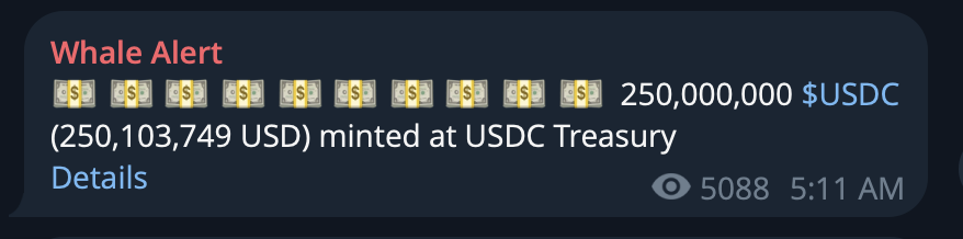 A "Whale Alert" notification reports that 250,000,000 $USDC (250,103,749 USD) was minted at the USDC Treasury, with 5,088 views posted at 5:11 AM. This visually supports the claim of new USDC issuance, though the alert shows $250 million rather than the $500 million mentioned in the post.