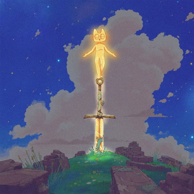 A glowing, sword-shaped figure resembling a cat-woman emanates from a massive cross-shaped sword planted in a grassy hilltop, with a small frog-like creature standing at its base beneath a starry night sky. The artwork's heroic, mythical imagery aligns with the post's enthusiastic pitch for a new meme token on the BNB chain, visually symbolizing the bold, "blast-off" confidence the author urges investors to embrace.