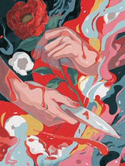 A stylized illustration depicting hands and floral elements in red, pink, and teal tones, resembling an abstract or painterly scene of a person among roses.