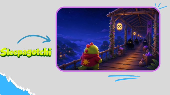 A video game scene labeled 'Sleepagotchi' showing a green dinosaur-like character in a red sun hoodie on a wooden porch overlooking a nighttime village.