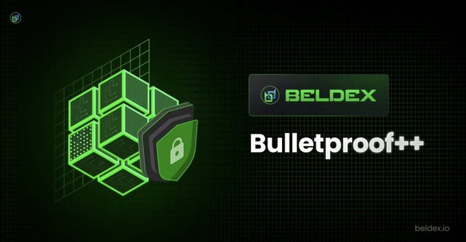 Promotional graphic for Beldex featuring a green geometric cube design with a shield and padlock icon, alongside the text 'BELDEX Bulletproof++' on a dark green background.