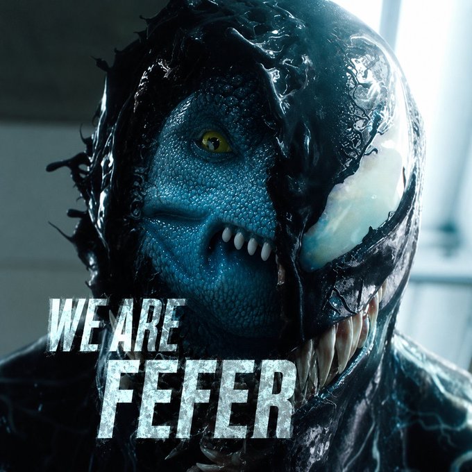 A menacing blue-skinned creature with sharp teeth, partially covered by black symbiote-like material, with the text 'WE ARE FEEFER' overlaid.