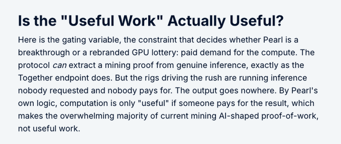 A text excerpt questioning whether "useful work" in Pearl ($PRL) mining is truly useful, arguing that AI inference without paid demand doesn't qualify as useful computation—highlighting skepticism about the project's proof-of-work claims amid current hype.