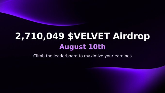 Promotional graphic announcing a '2,710,049 $VELVET Airdrop' on August 10th, urging users to 'Climb the leaderboard to maximize your earnings' against a dark purple background.