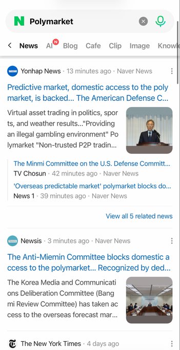 A Naver search results page for "Polymarket" displays news from Yonhap News, Newsis, and The New York Times, with headlines reporting that the Defense Committee and Korea Media Communications Deliberation Committee have moved to block domestic access to Polymarket, citing concerns over illegal gambling and "non-trusted P2P trading."
