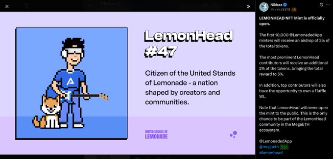 The image features a cartoon character, likely from the game Lemonade, standing next to a cat. The character appears to be wearing a blue shirt with an A on it. The caption of the image reads "Mình cũng FOMO làm một cái vì nghĩ hệ MegaETH đang quá hot Giờ vào discord thấy". This description suggests that the character is a fan of the game and wants to share their excitement with others. The image also includes a link to a post on social media, which might be related to the game or the character in some way.