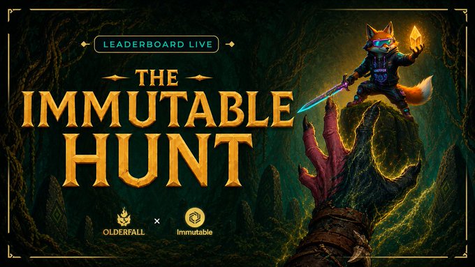 A promotional banner for 'THE IMMUTABLE HUNT' featuring a cartoon fox warrior character holding a glowing sword and crystal, with 'OLDERFALL × Immutable' branding.