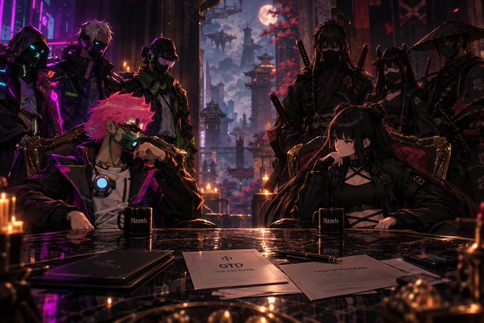 An anime-style illustration depicting a group of cyberpunk characters with glowing masks and weapons seated around a dark table with documents and candles, set against a moody nighttime cityscape with a moon.