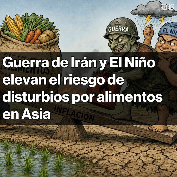 A political cartoon illustration with Spanish text reading 'Guerra de Irán y El Niño elevan el riesgo de disturbios por alimentos en Asia,' depicting two figures labeled 'GUERRA' and 'EL NIÑO' tipping a seesaw balancing 'ALIMENTOS' and 'INFLACIÓN.'