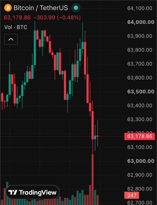 A TradingView candlestick chart of Bitcoin/TetherUS (BTC/USDT) showing a current price of 63,178.86, down 303.99 (-0.48%), with the price dipping below the 63,200 level.
