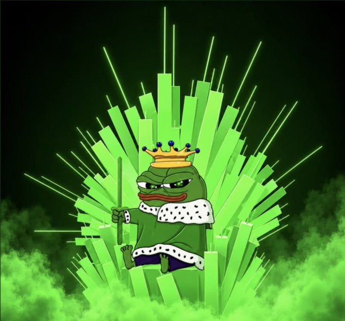 A cartoon illustration shows a crowned Pepe the Frog character holding a sword, seated on a throne made of green crystals or lasers against a dark background.