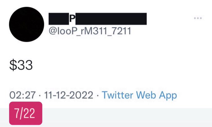 A tweet from user @looP_rM311_7211 posted on 11-12-2022 at 02:27 via Twitter Web App simply displays "$33" as its content.