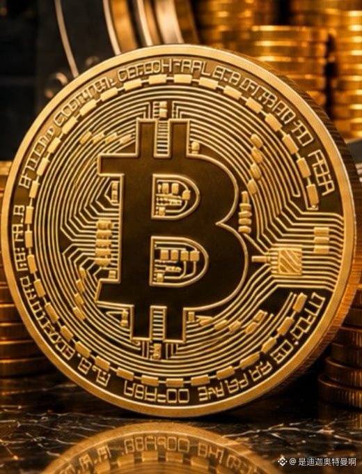 A close-up of a gold Bitcoin coin showing its iconic 'B' logo with circuit-like designs, with Chinese text reading '是迪迦奥特曼啊' in the corner.