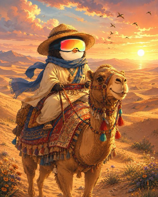 An adorable penguin wearing a straw hat, reflective sunglasses, and a blue scarf, riding a decorated camel through a desert landscape at sunset.