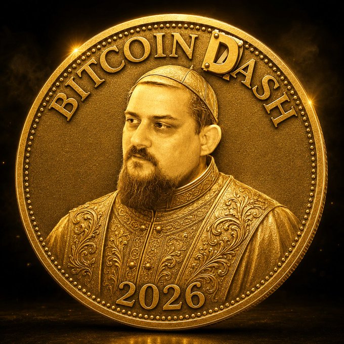 A gold commemorative coin featuring a bearded man in ornate Renaissance-style clothing, inscribed with 'BITCOIN DASH' at the top and '2026' at the bottom.