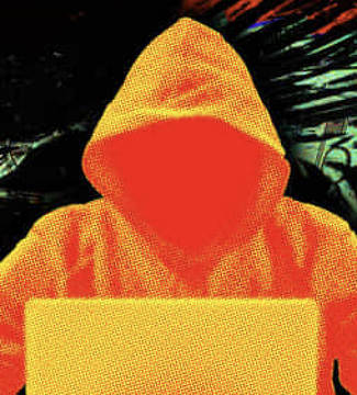 A stylized, grainy image of a hooded figure in orange/red tones working on a laptop, evoking a hacker or anonymous aesthetic.