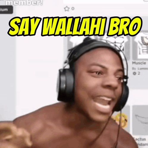 A shirtless person wearing headphones appears shocked or excited, with bold yellow text overlay reading "SAY WALLAHI BRO" — expressing disbelief or astonishment, fitting the post's tone of revealing supposed evidence that $cashcat is a scam.