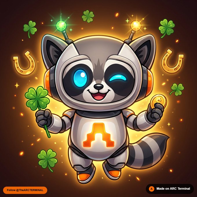 The image features a cartoon raccoon robot with an orange body and white face, holding a green clover in its left hand while wearing a pair of headphones. The background includes various coins scattered around the raccoon's head and ears, as well as a few leaves on the right side of the image. The post about the raccoon robot is written in black text at the bottom of the image, with an orange border that reads "Made on arc terminal".