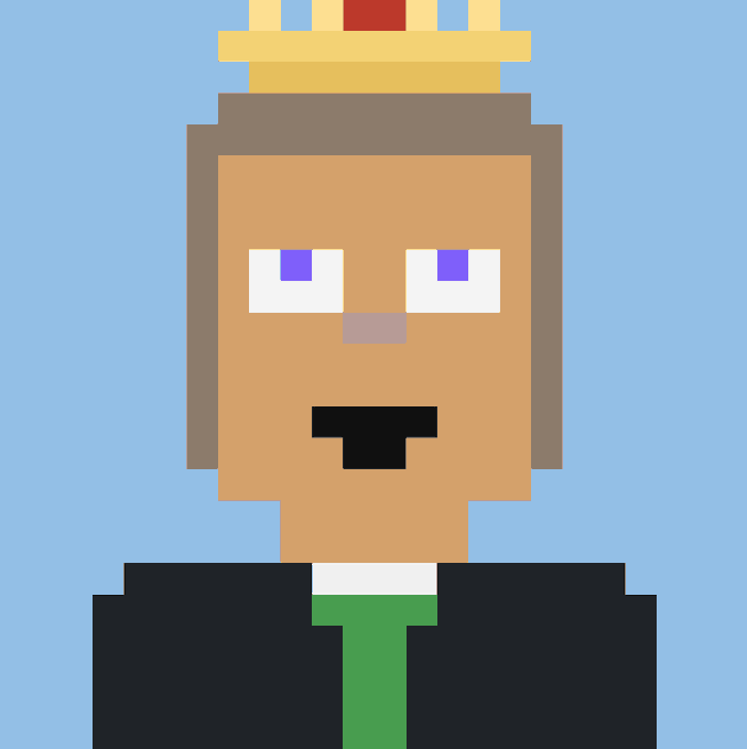 A pixel art portrait of a bearded king wearing a golden crown with a red jewel, set against a light blue background. The regal avatar likely represents a community figure or moderator being welcomed as part of the StonkBrokers group mentioned in the post.