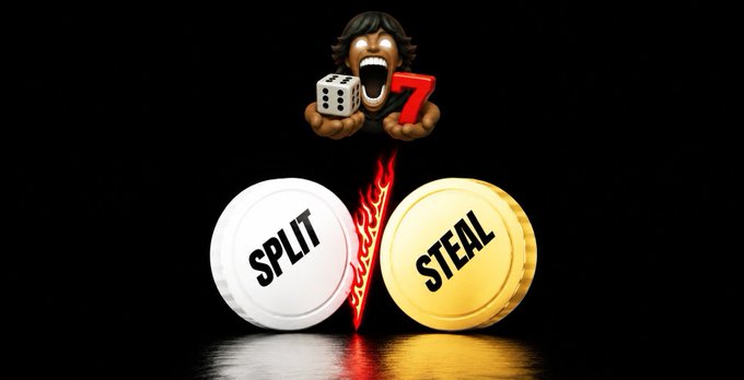 Graphic of a screaming Eddie Van Halen character holding dice and a "7", with "Split" and "Steal" coin options below, referencing the rock band Split Chain.