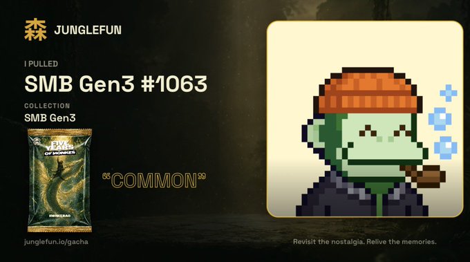 A promotional screen for 'JUNGLEFUN' NFT gacha, announcing a pull of 'SMB Gen3 #1063', labeled as a 'COMMON' from the 'SMB Gen3' collection. The image features a pixel-art monkey wearing an orange beanie and smoking a pipe.