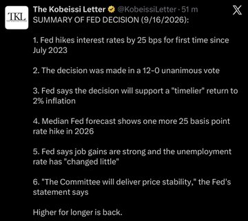 A Twitter post from The Kobeissi Letter summarizing the Fed's September 16, 2026 decision, including a 25 bps interest rate cut, 12-0 unanimous vote, and forecast of one more 25 bps hike in 2026.
