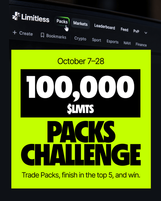 A promotional graphic from 'Limitless' advertising a '100,000 $LMTS PACKS CHALLENGE' running October 7-28, with instructions to trade packs, finish in top 5, and win.