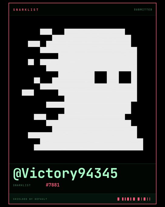 A pixelated skull-style avatar labeled 'SNARKLIST' is attributed to @Victory94345 with snarklist number #7881 and 'SHIELDED BY DEFAULT' at the bottom.