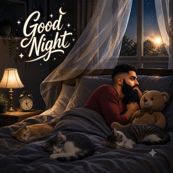A bearded man lies in bed cuddling a teddy bear with three sleeping cats nestled beside him, while the decorative text "Good Night" glows above a moonlit window—perfectly complementing the post's message about restful sleep and recharging for a fresh new chapter.