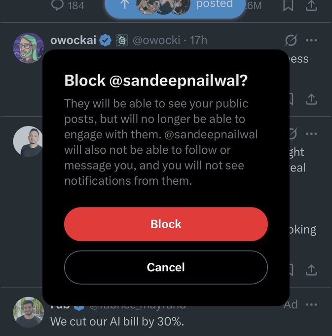 A screenshot of a Twitter/X confirmation popup from user owockai asking to block @sandeepnailwal, explaining the blocking rules with red 'Block' and black 'Cancel' buttons.