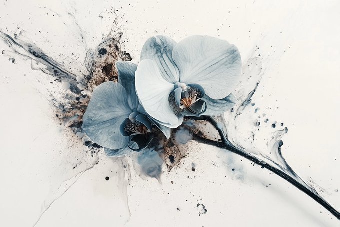 An artistic photograph of pale blue and white orchids against a white background, featuring dynamic splashes of dark ink and water.