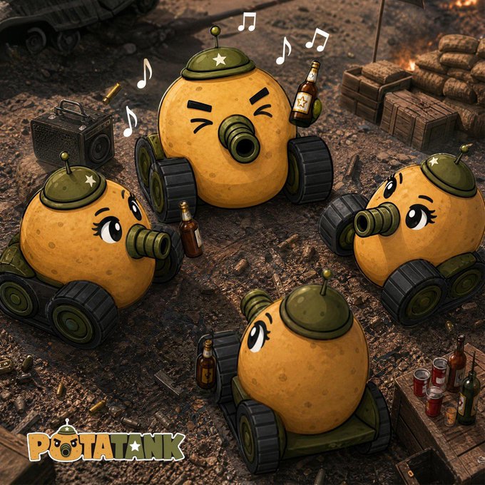 Promotional artwork for 'POTATOTANK' featuring cartoonish potato-shaped tanks wearing military helmets, holding bottles and surrounded by musical notes.