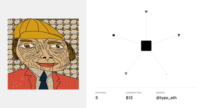 An NFT auction page showing a pixel-art portrait of a man in a yellow cap next to a bidding interface with 5 patrons, current bid $13 by @typo_eth.