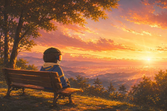An anime-style illustration of a person with headphones sitting on a wooden bench on a hill, gazing at a vibrant orange sunset over a distant city.