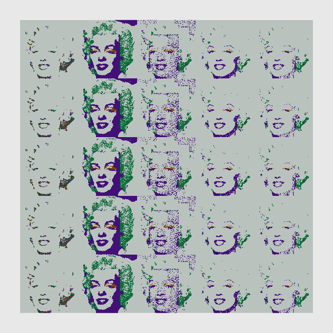 A glitchy, pixelated repeating grid artwork featuring purple and green stylized portrait faces of a figure with curly hair.