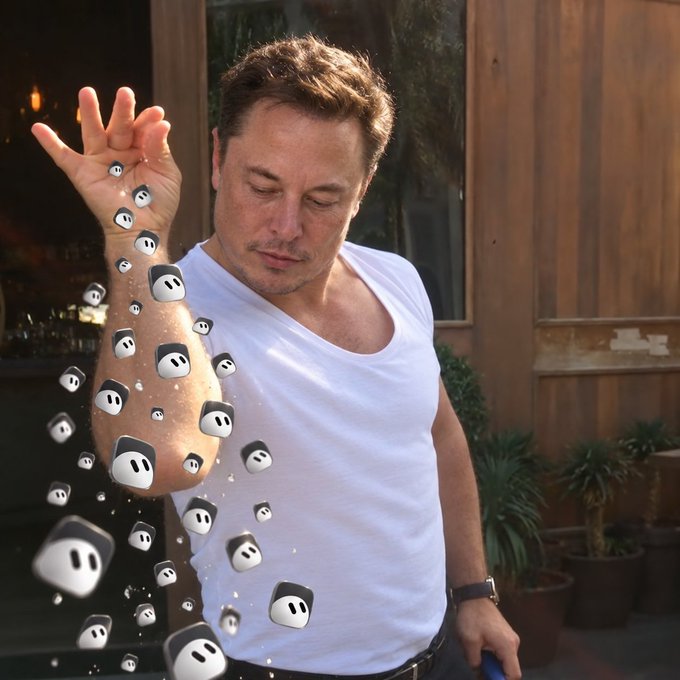A photoshopped image of Elon Musk in a white tank top, where his extended arm has been digitally altered to appear as a translucent water balloon filled with floating 3D-rendered Roblox faces.