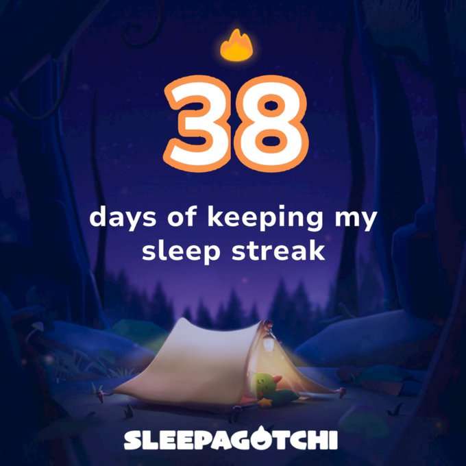 A promotional graphic for 'Sleepagotchi' celebrating 38 days of keeping a sleep streak, featuring an illustration of a tent in a dark forest with a small character holding a lantern and a sleeping fox plush.
