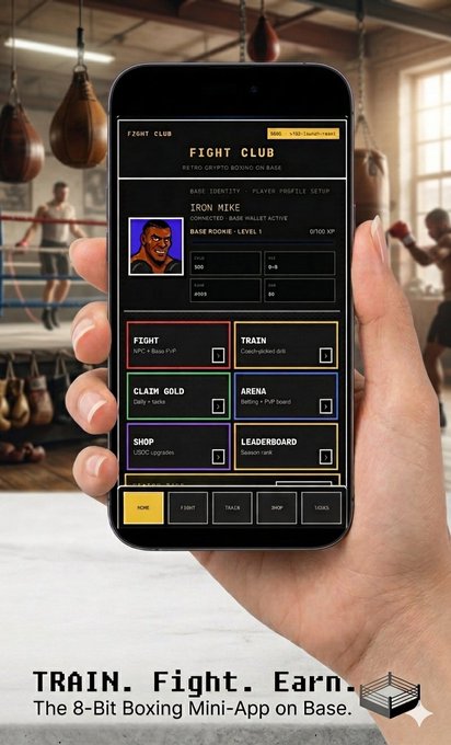 The image shows a person holding up their phone displaying a Fight Club app, which has a boxing mini-app with various options for training and leveling up characters. The app includes features such as training sessions, character upgrades, and even a shop where players can purchase new gear or upgrade their existing characters to improve their fighting skills.