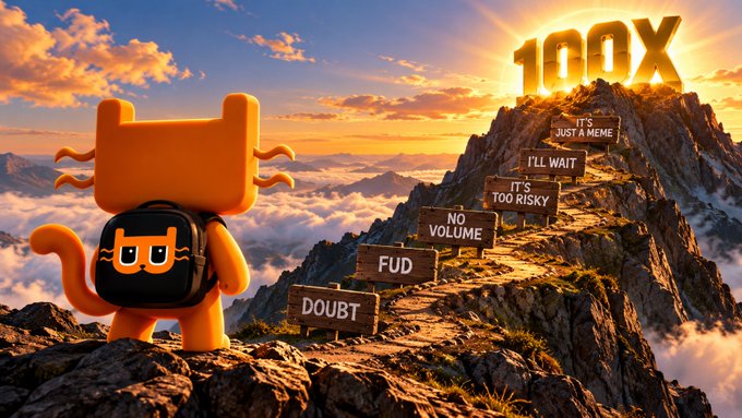 An orange cat-like character wearing a black backpack stands on a rocky mountain peak looking up at a golden "100X" sign, with a staircase of signs reading "DOUBT," "FUD," "NO VOLUME," "IT'S TOO RISKY," "I'LL WAIT," and "IT'S JUST A MEME."
