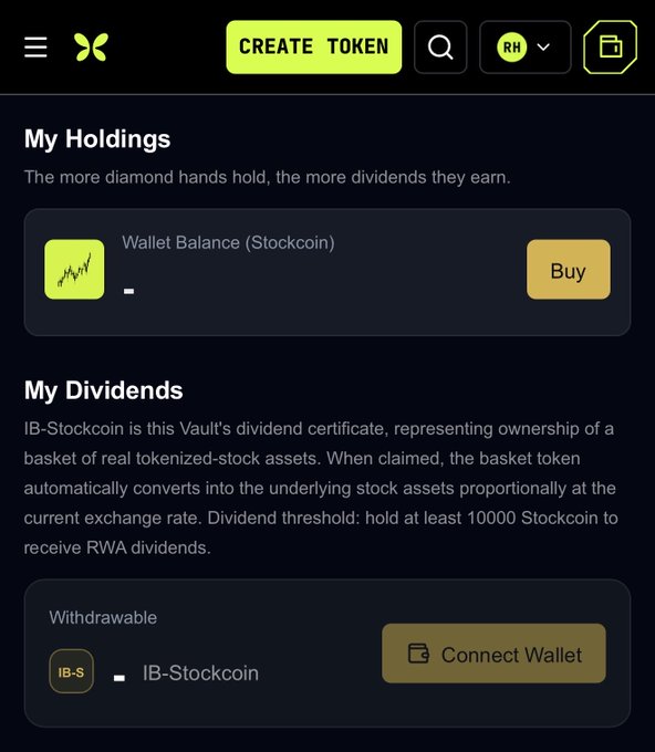 A crypto wallet interface showing 'My Holdings' with a Stockcoin Wallet Balance and 'My Dividends' for IB-Stockcoin, which is described as a Vault's dividend certificate representing tokenized stock assets.