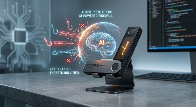 A hardware security device on a desk next to a monitor showing code, with floating digital graphics advertising 'ACTIVE PROTECTION: AI-POWERED FIREWALL' and 'KEYS OFFLINE. THREATS NULLIFIED.'