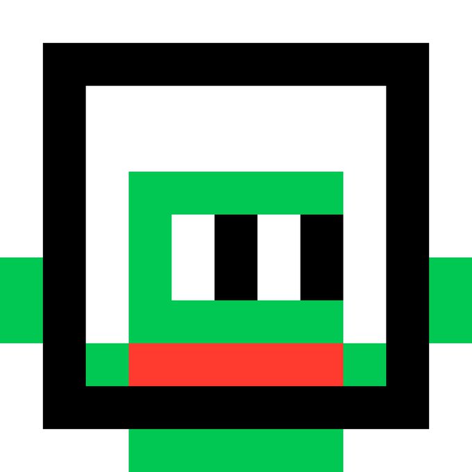 This pixelated green character with black outlines and a red mouth is a prime example of Opepen art. The bold, blocky design emphasizes its artistic nature.