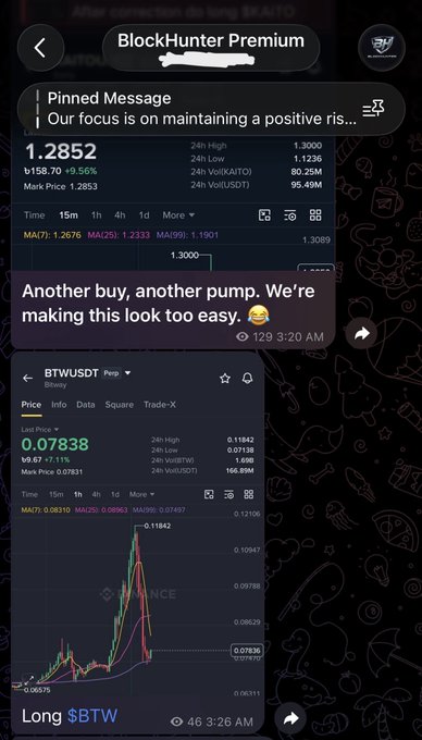A Telegram message from "BlockHunter Premium" celebrating a successful trade, showing screenshots of the $BTW/USDT token pumping to 0.07838 (up +7.11% to $0.07831) with messages reading "Another buy, another pump. We're making this look too easy" and "Long $BTW."