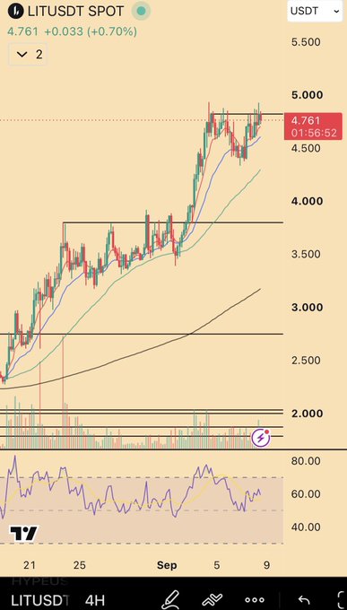 A TradingView chart showing LITUSDT trading on the SPOT market at 4.761 (+0.70%), with a candlestick chart and RSI indicator visible over a 4H timeframe.